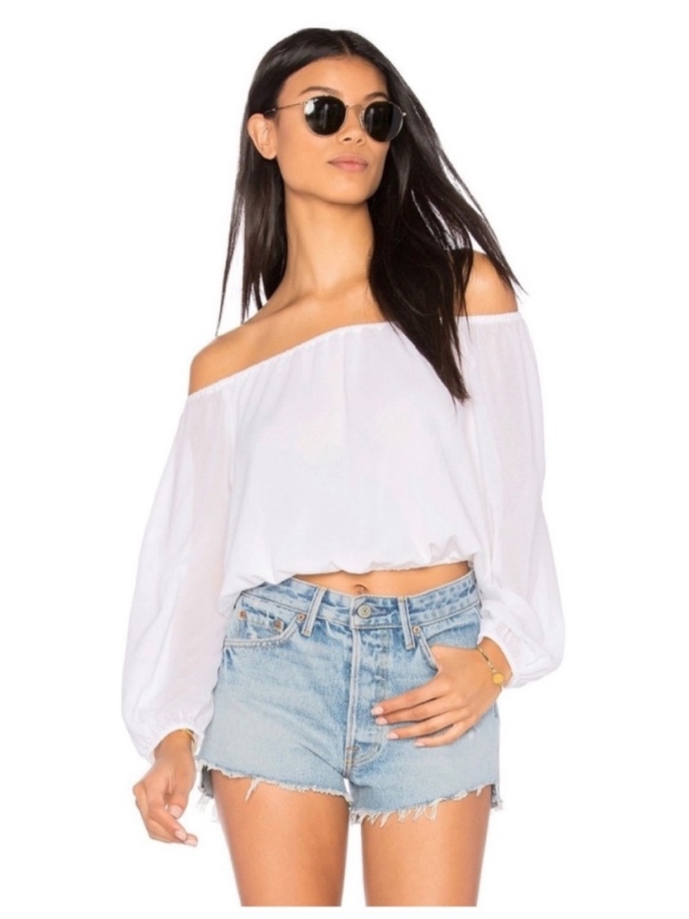 Show Me Your Mumu Lima Scrunch Top White Off Shoulder Crop Blouse Medium NWT